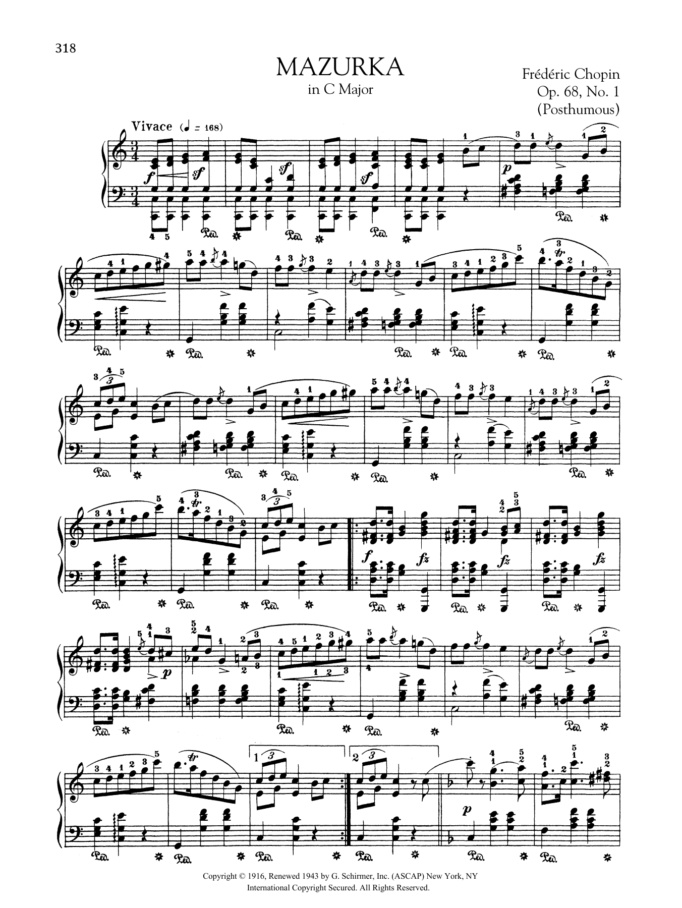 Download Frédéric Chopin Mazurka in C Major, Op. 68, No. 1 (Posthumous) Sheet Music and learn how to play Piano Solo PDF digital score in minutes