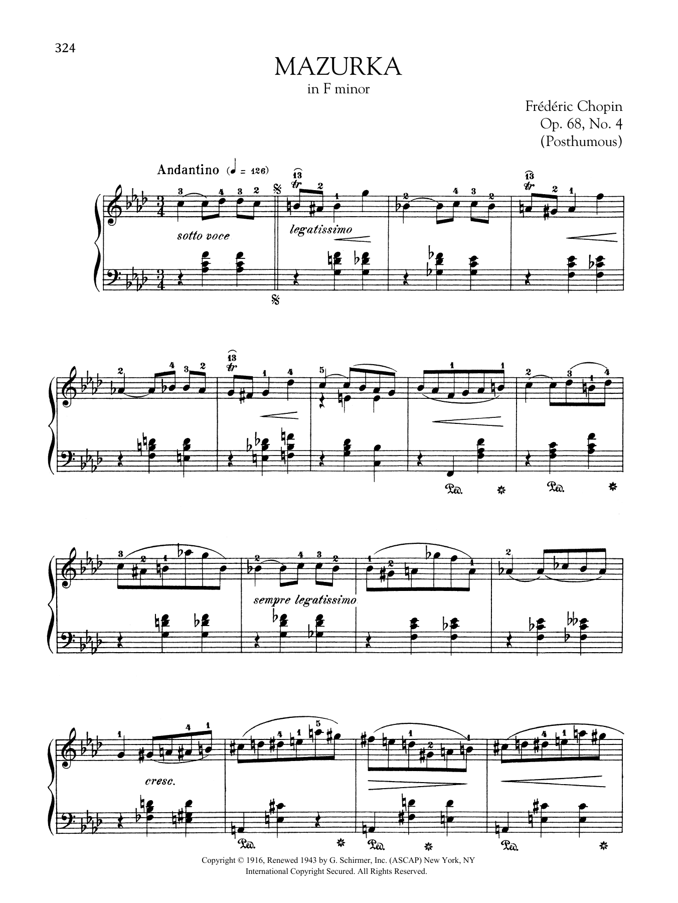Download Frédéric Chopin Mazurka in F minor, Op.68, No. 4 (Posthumous) Sheet Music and learn how to play Piano Solo PDF digital score in minutes