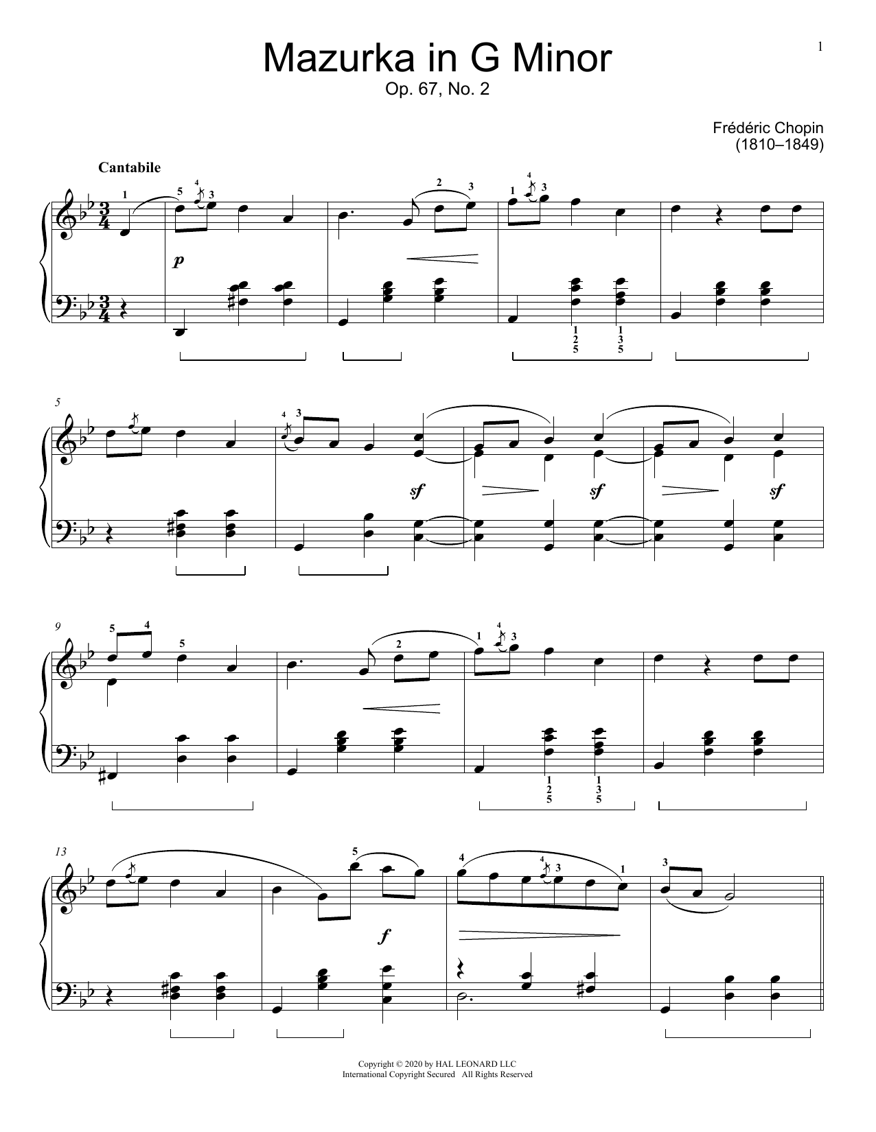 Download Frederic Chopin Mazurka, Op. 67, No. 2 Sheet Music and learn how to play Educational Piano PDF digital score in minutes