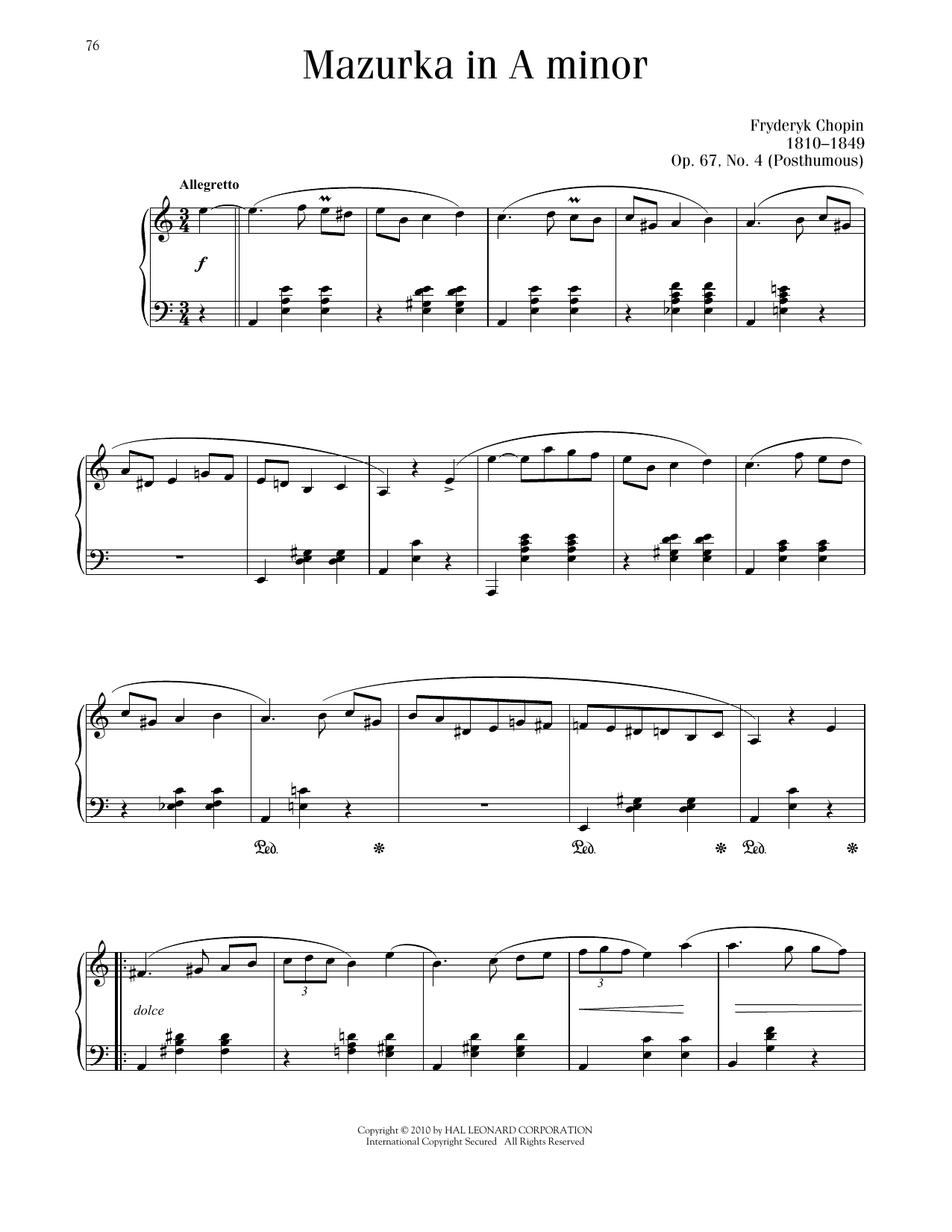 Download Frédéric Chopin Mazurka, Op. 67, No. 4 Sheet Music and learn how to play Piano Solo PDF digital score in minutes