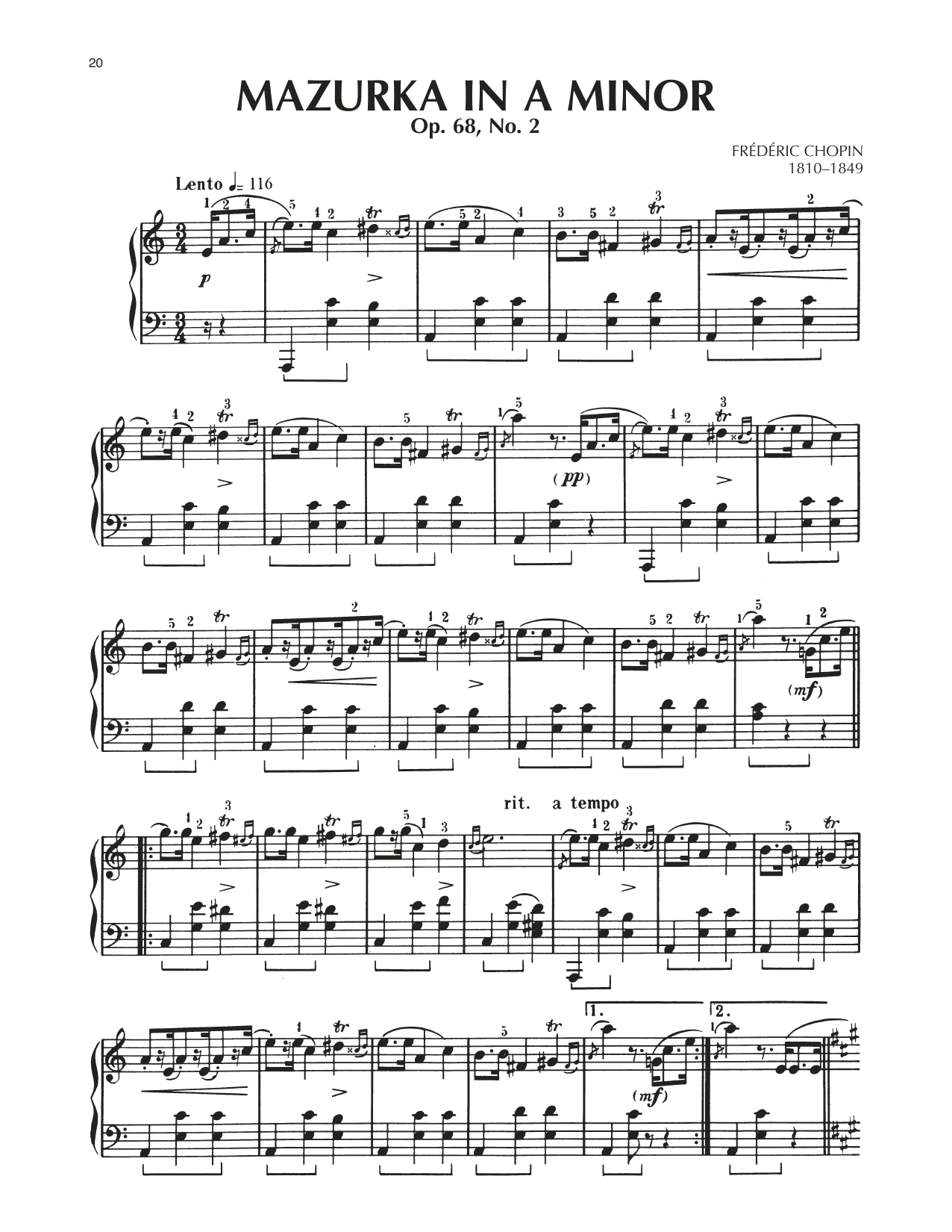 Download Frederic Chopin Mazurka, Op. 68, No. 2 Sheet Music and learn how to play Piano Solo PDF digital score in minutes