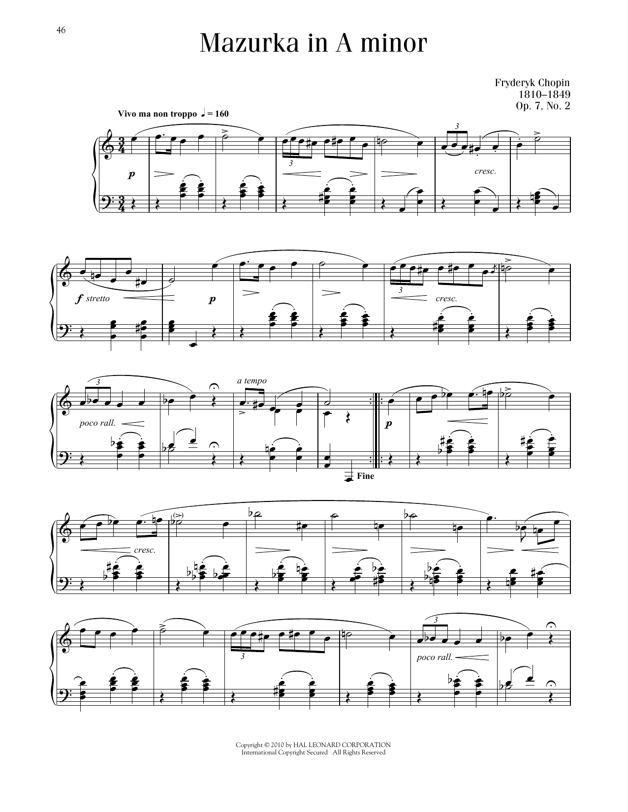 Download Frédéric Chopin Mazurka, Op. 7, No. 2 Sheet Music and learn how to play Piano Solo PDF digital score in minutes