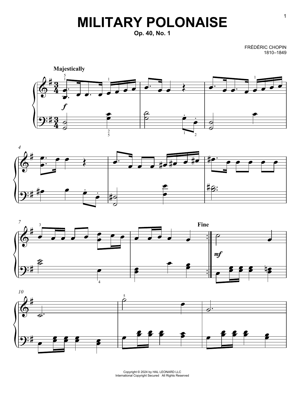 Download Frederic Chopin Military Polonaise, Op. 40, No. 1 Sheet Music and learn how to play Easy Piano PDF digital score in minutes
