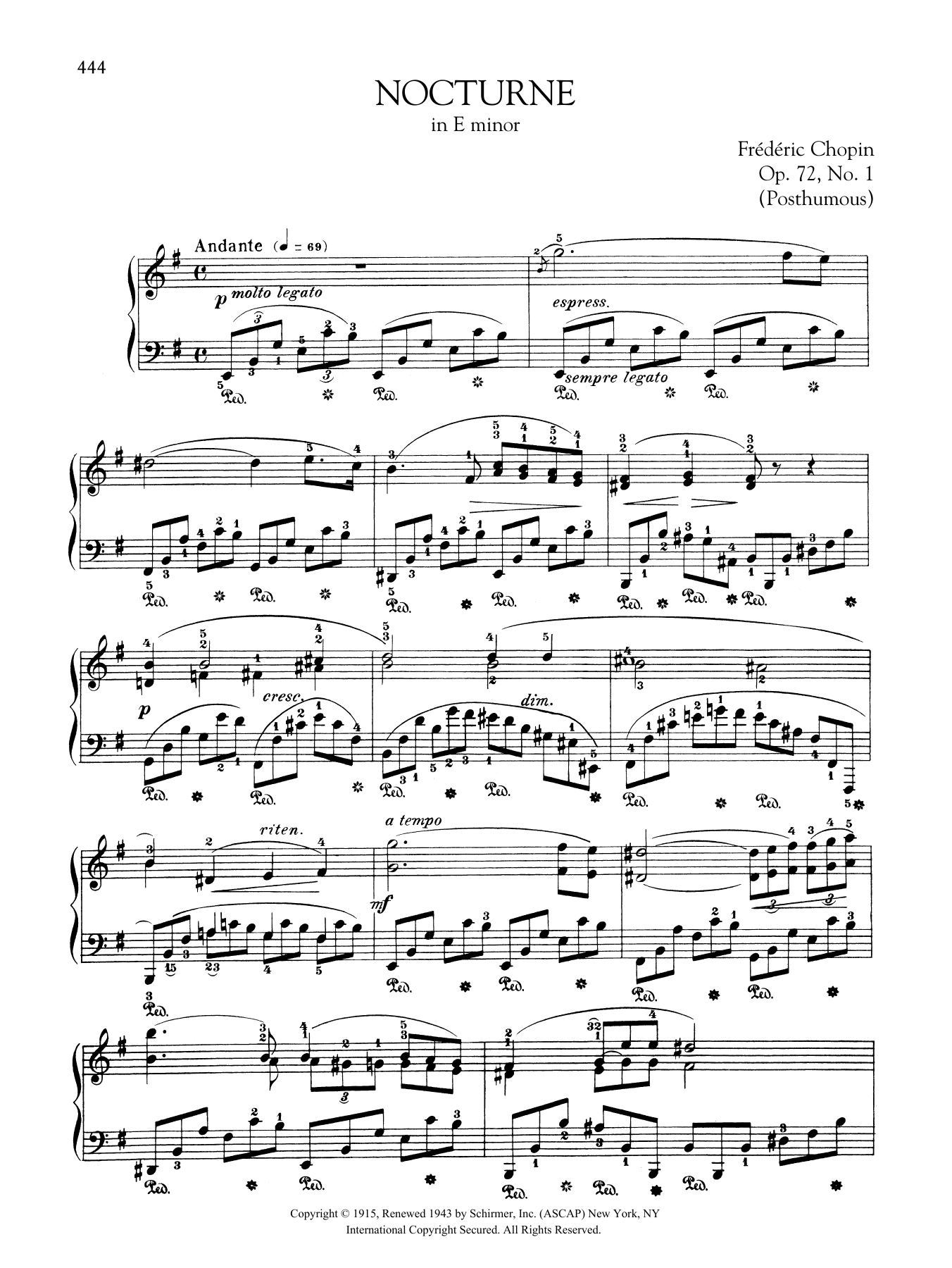 Download Frédéric Chopin Nocturne in E minor, Op. 72, No. 1 (Posthumous) Sheet Music and learn how to play Piano Solo PDF digital score in minutes