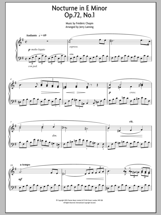 Download Frederic Chopin Nocturne in E Minor Op.72, No.1 Sheet Music and learn how to play Piano PDF digital score in minutes
