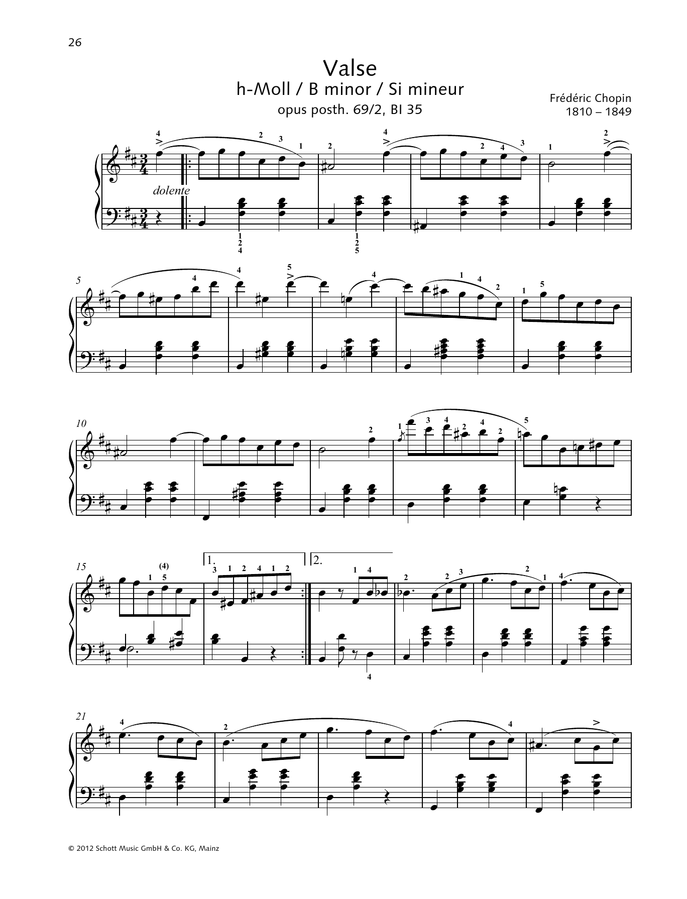Download Frédéric Chopin Valse B minor Sheet Music and learn how to play Piano Solo PDF digital score in minutes