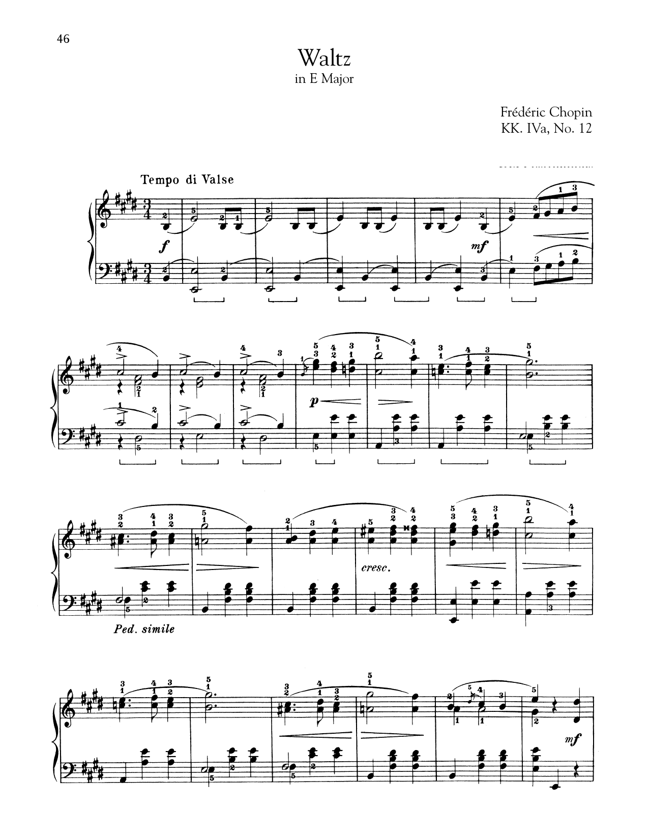 Download Frederic Chopin Waltz In E Major, KK. IVa, No. 12 Sheet Music and learn how to play Piano PDF digital score in minutes