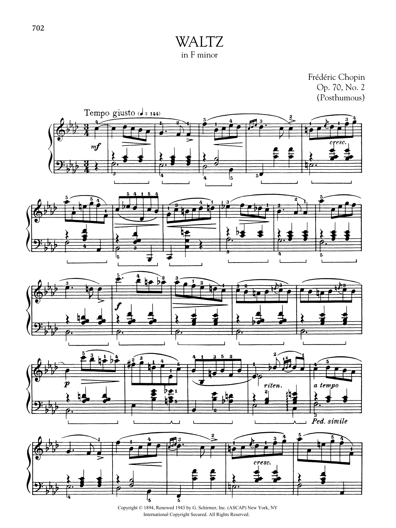 Download Frédéric Chopin Waltz in F minor, Op. 70, No. 2 (Posthumous) Sheet Music and learn how to play Piano Solo PDF digital score in minutes