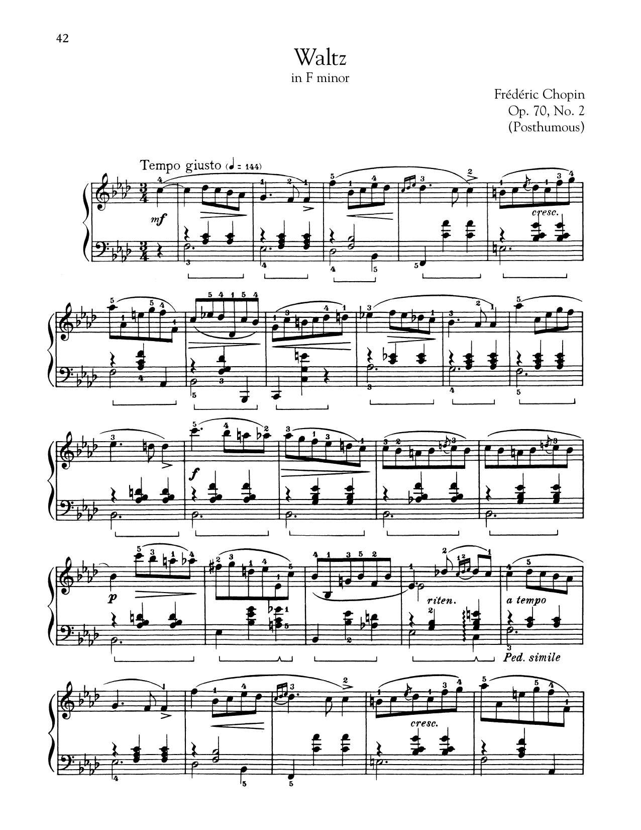 Download Frederic Chopin Waltz In F Minor, Op. 70, No. 2 Sheet Music and learn how to play Piano PDF digital score in minutes