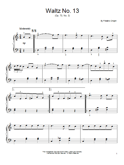 Download Frederic Chopin Waltz No. 13, Op. 70, No. 3 Sheet Music and learn how to play Easy Piano PDF digital score in minutes