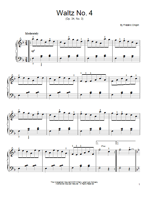 Download Frederic Chopin Waltz No. 4, Op. 34, No. 3 Sheet Music and learn how to play Easy Piano PDF digital score in minutes