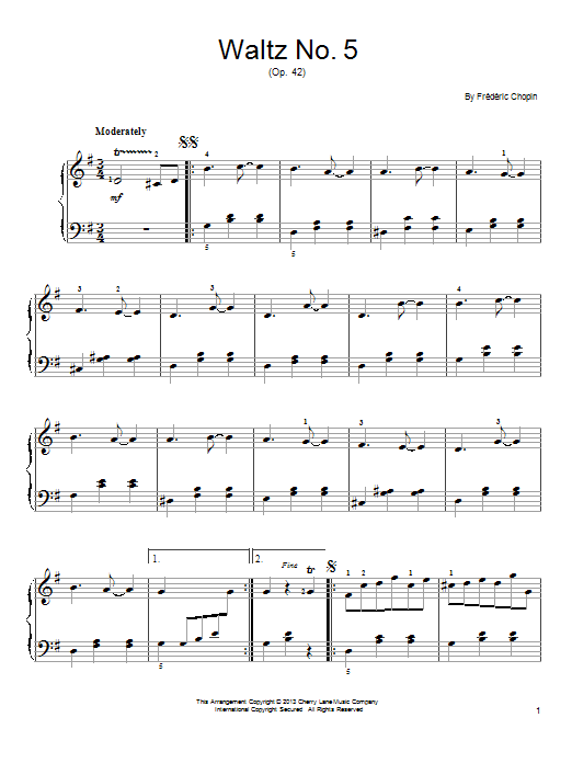 Download Frederic Chopin Waltz No. 5, Op. 42 Sheet Music and learn how to play Easy Piano PDF digital score in minutes