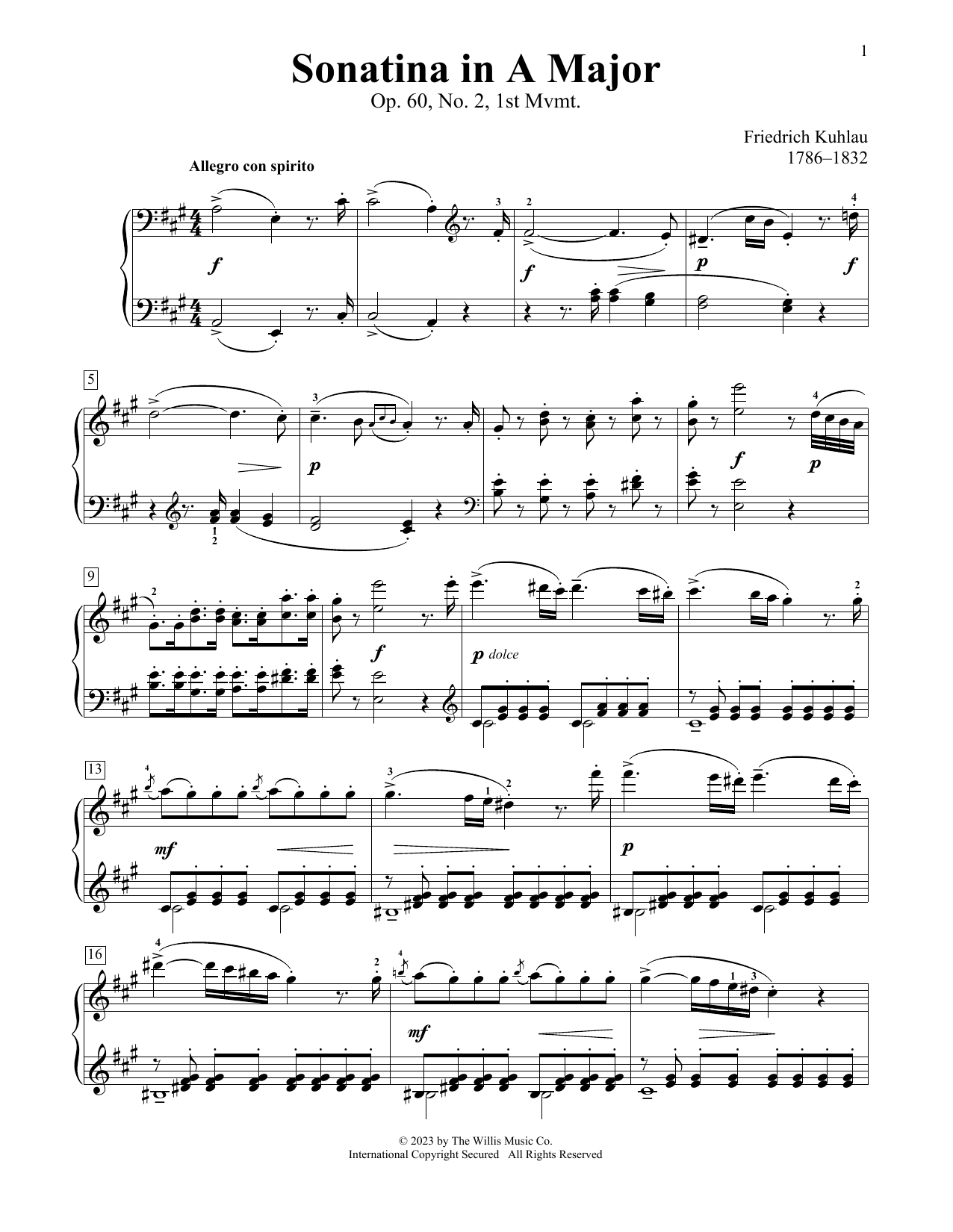 Download Frederic Kuhlau Sonatina In A Major, Op. 60, No. 2, 1st Mvmt Sheet Music and learn how to play Educational Piano PDF digital score in minutes