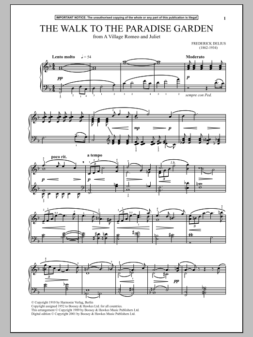 Download Frederick Delius A Village Romeo And Juliet, The Walk To The Paradise Garden Sheet Music and learn how to play Piano PDF digital score in minutes