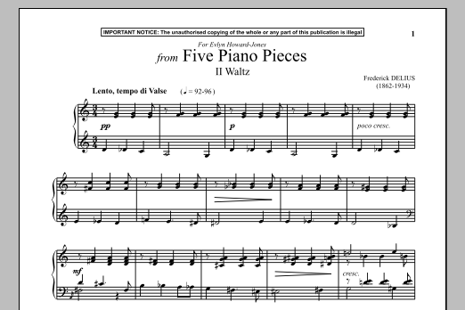 Download Frederick Delius Five Piano Pieces, II. Waltz Sheet Music and learn how to play Piano PDF digital score in minutes