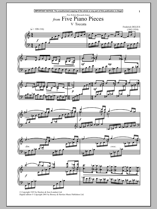 Download Frederick Delius Five Piano Pieces, V. Toccata Sheet Music and learn how to play Piano PDF digital score in minutes