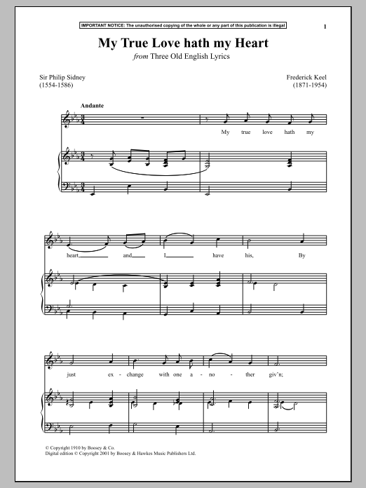 Download Frederick Keel My True Love Hath My Heart (from Three Old English Lyrics) Sheet Music and learn how to play Piano & Vocal PDF digital score in minutes