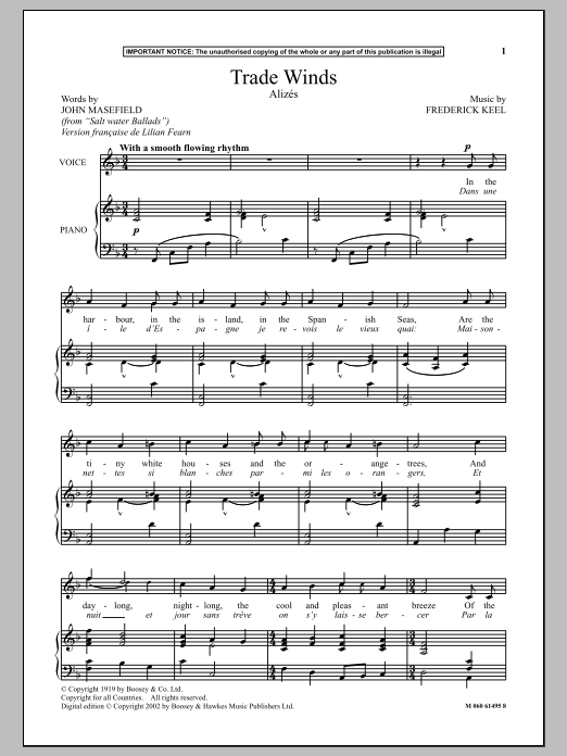 Download Frederick Keel Trade Winds (Alizes) Sheet Music and learn how to play Piano & Vocal PDF digital score in minutes