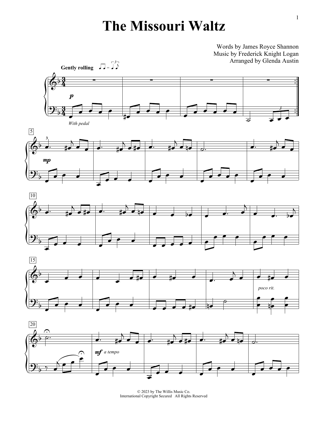 Download Frederick Knight Logan The Missouri Waltz (arr. Glenda Austin) Sheet Music and learn how to play Educational Piano PDF digital score in minutes