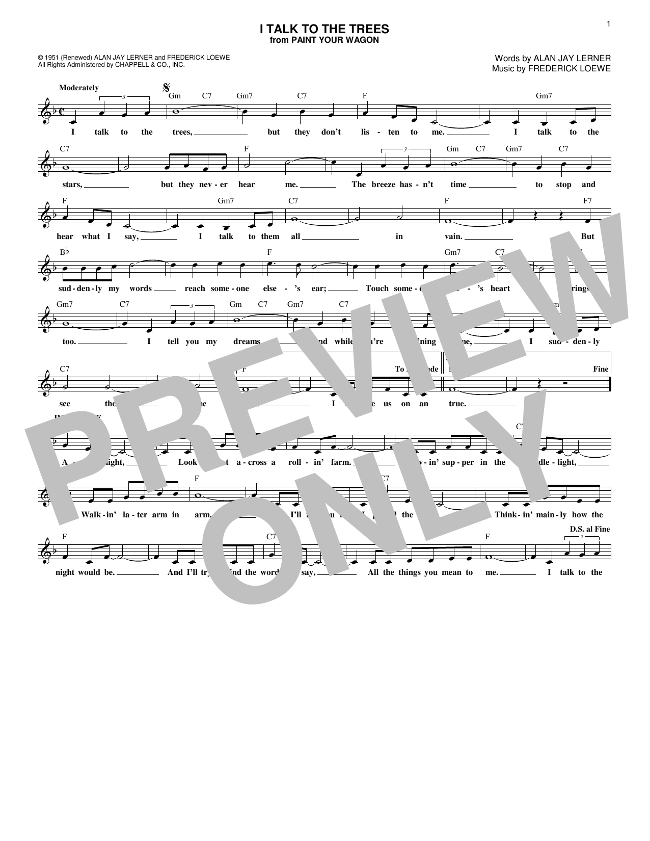 Download Frederick Loewe I Talk To The Trees Sheet Music and learn how to play Melody Line, Lyrics & Chords PDF digital score in minutes