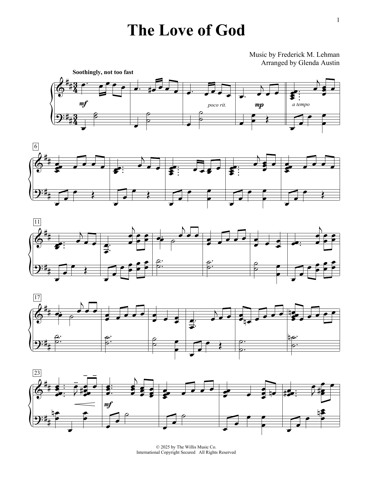 Download Frederick M. Lehman The Love Of God (arr. Glenda Austin) Sheet Music and learn how to play Educational Piano PDF digital score in minutes