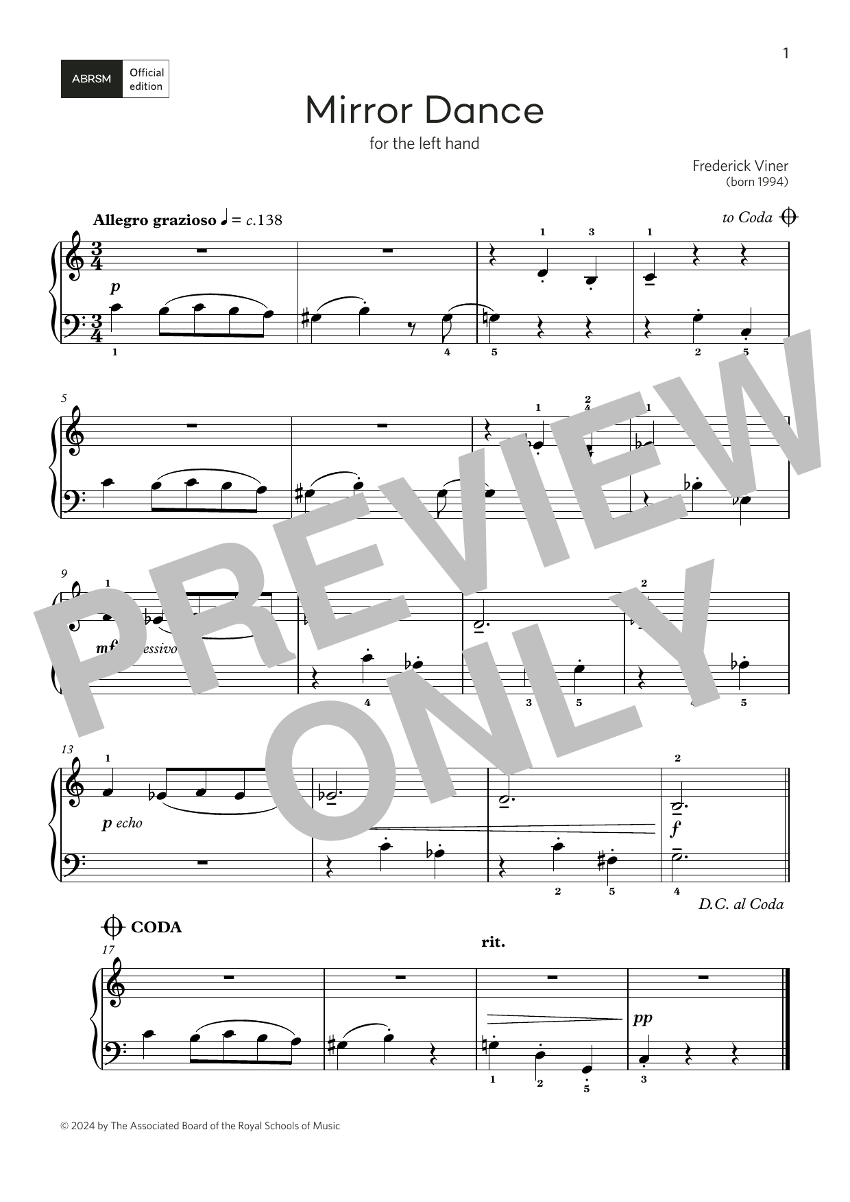 Download Frederick Viner Mirror Dance: for left or right hand (Grade 1, list A, from the ABRSM Piano Syll Sheet Music and learn how to play Piano Solo PDF digital score in minutes