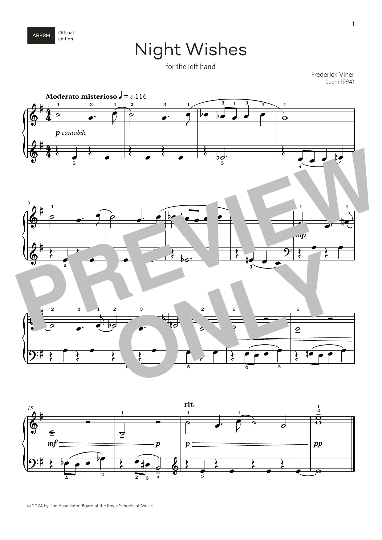 Download Frederick Viner Night Wishes: for left or right hand (Grade 1, list B, from the ABRSM Piano Syll Sheet Music and learn how to play Piano Solo PDF digital score in minutes