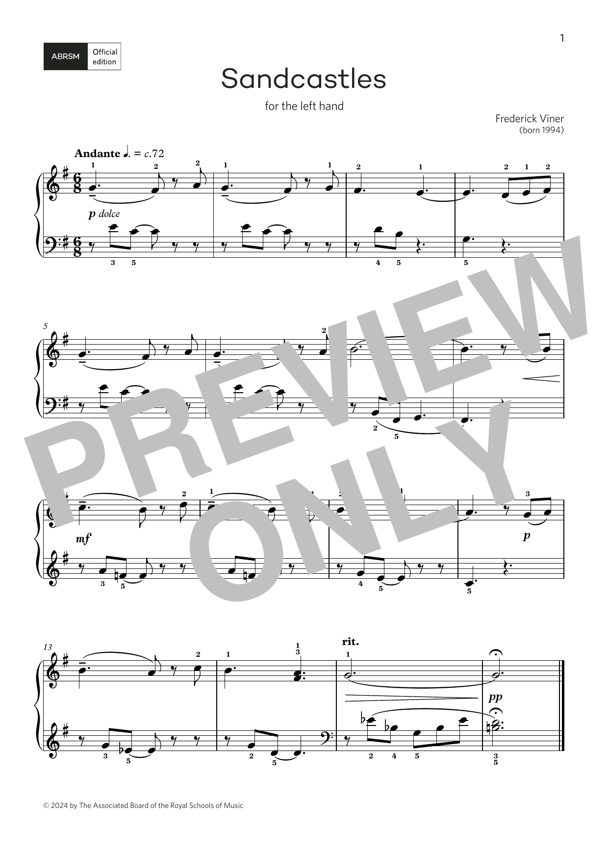 Download Frederick Viner Sandcastles: for left or right hand (Grade 2, list B, from the ABRSM Piano Sylla Sheet Music and learn how to play Piano Solo PDF digital score in minutes