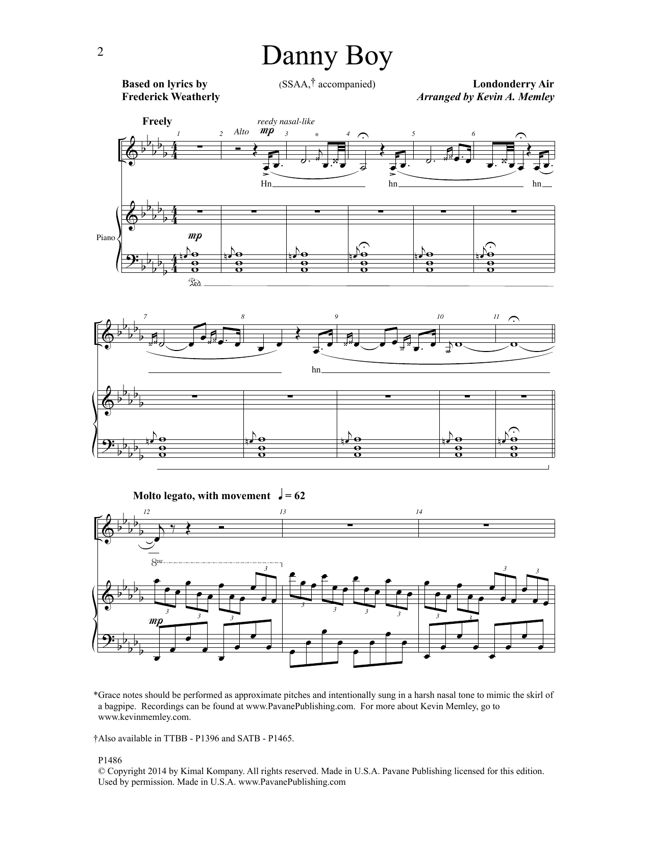 Download Kevin A. Memley Danny Boy Sheet Music and learn how to play SSAA Choir PDF digital score in minutes