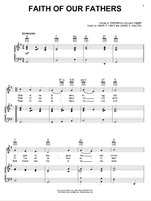 Download Frederick William Faber Faith Of Our Fathers Sheet Music and learn how to play Melody Line, Lyrics & Chords PDF digital score in minutes