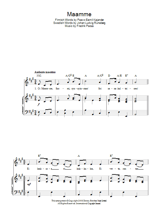 Download Fredrik Pacius Maamme (Finnish National Anthem) Sheet Music and learn how to play Piano, Vocal & Guitar (Right-Hand Melody) PDF digital score in minutes