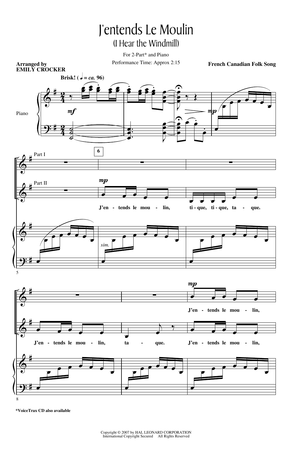 Download French Canadian Folk Song J'entends Le Moulin (I Hear The Wind Mill) (arr. Emily Crocker) Sheet Music and learn how to play 2-Part Choir PDF digital score in minutes