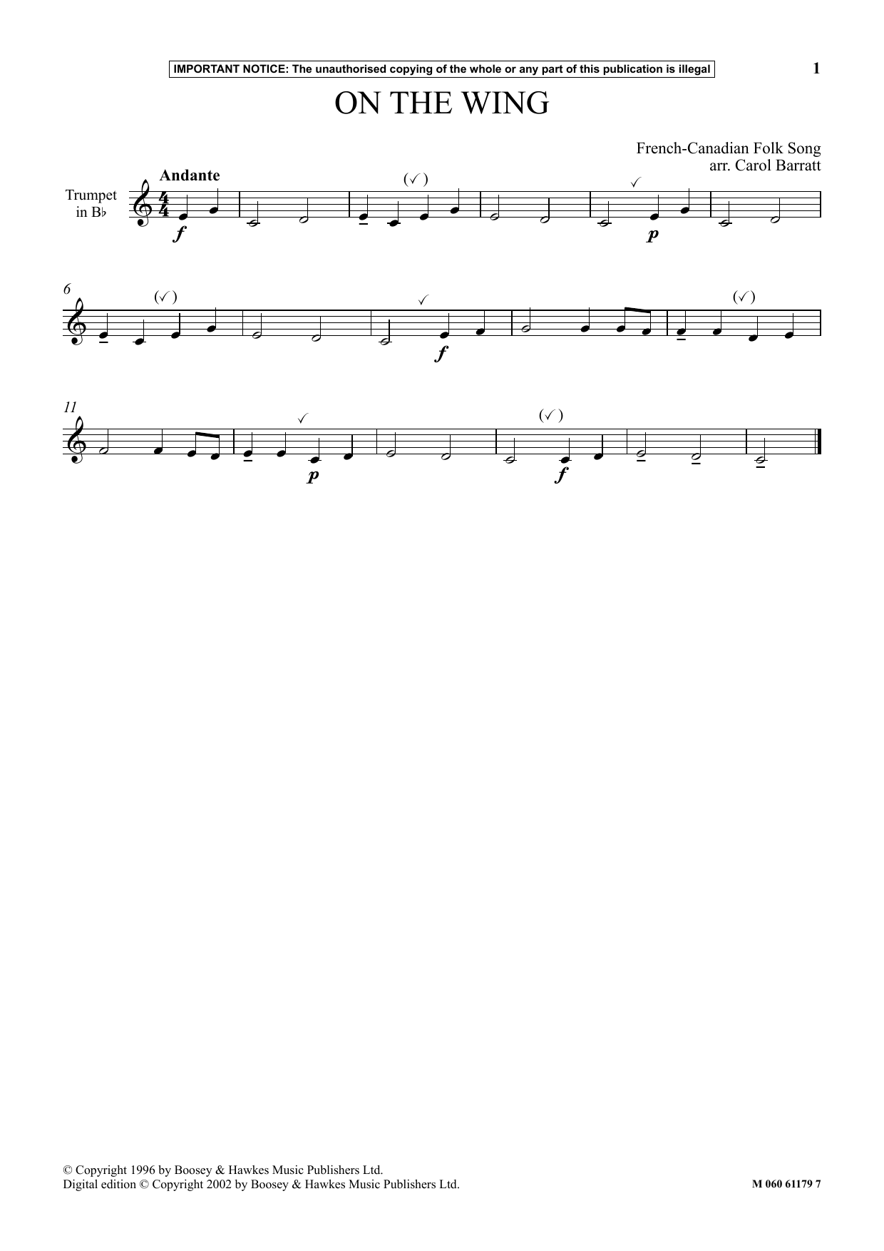 Download French-Canadian Folk Song On The Wing Sheet Music and learn how to play Instrumental Solo PDF digital score in minutes