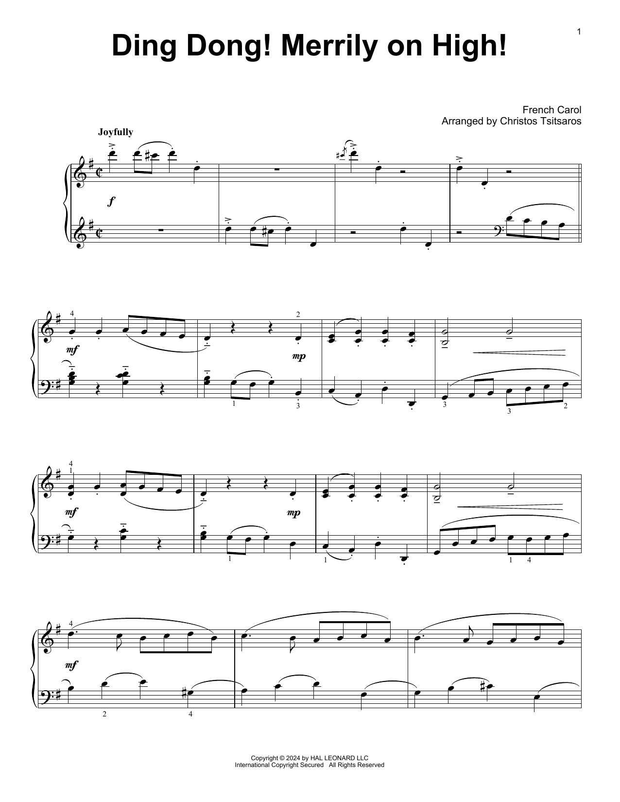 Download French Carol Ding Dong! Merrily On High! (arr. Christos Tsitsaros) Sheet Music and learn how to play Easy Piano Solo PDF digital score in minutes