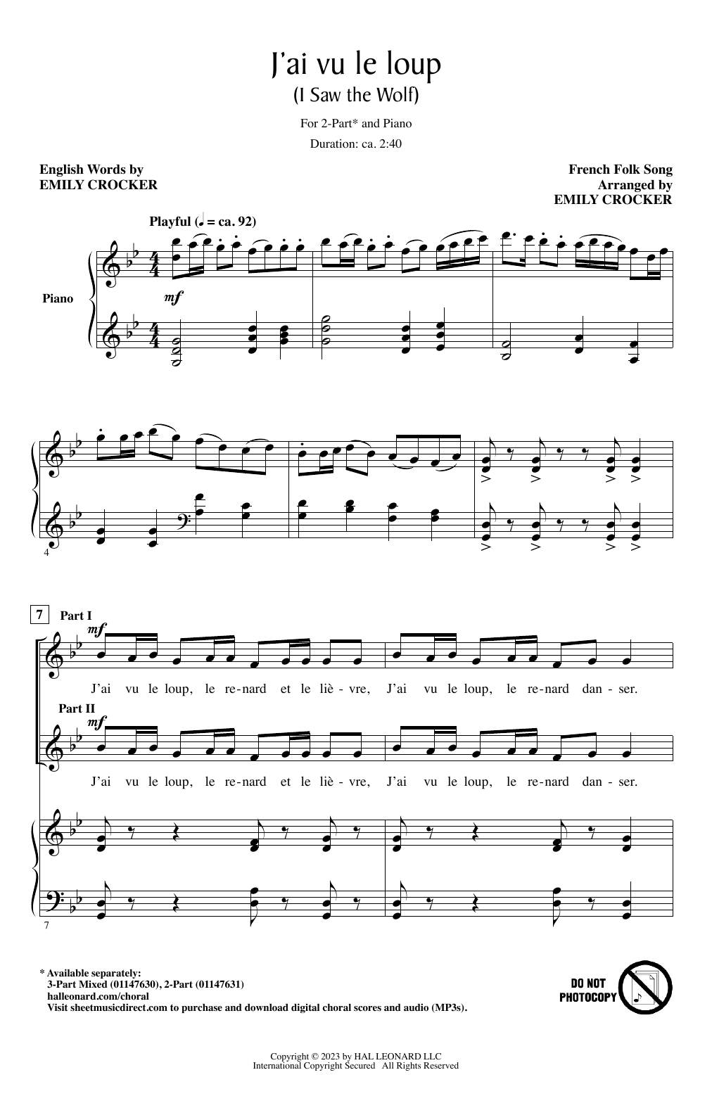 Download French Folk Song J'ai Vu Le Loup (I Saw The Wolf) (arr. Emily Crocker) Sheet Music and learn how to play 3-Part Mixed Choir PDF digital score in minutes