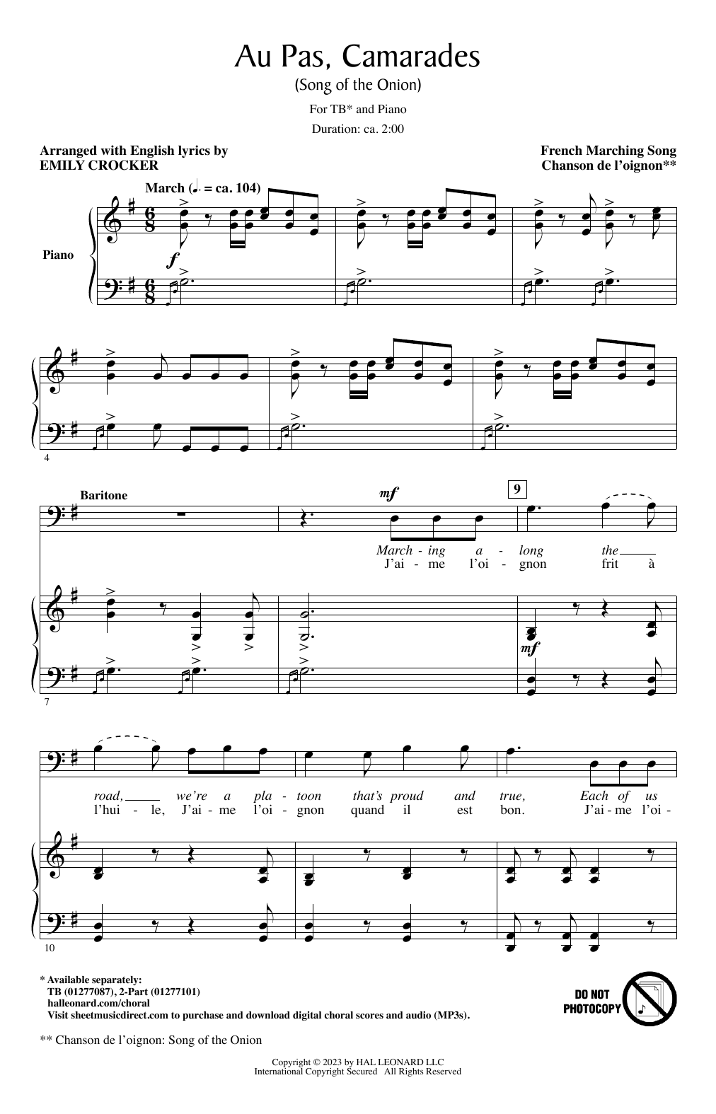 Download French Marching Song Au Pas, Camarades (Song Of The Onion) (arr. Emily Crocker) Sheet Music and learn how to play 2-Part Choir PDF digital score in minutes