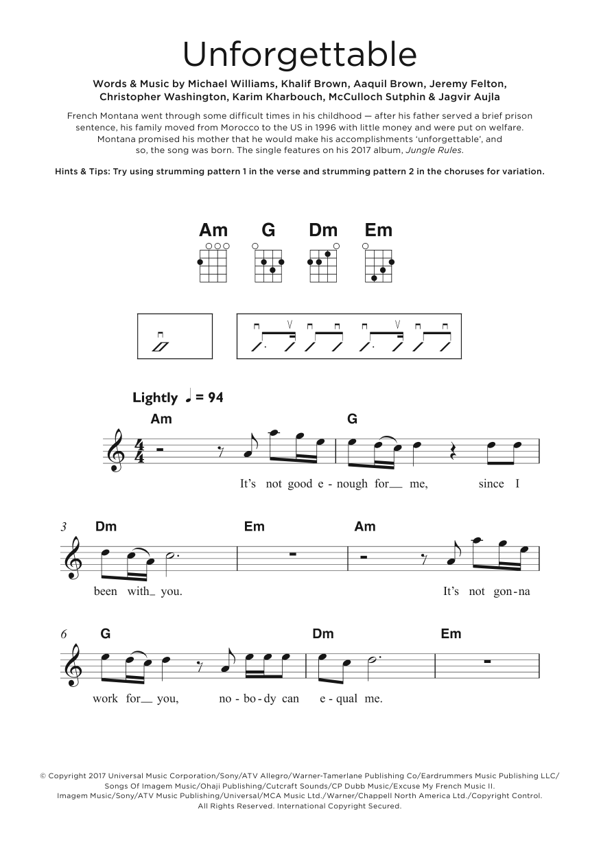 Download French Montana Unforgettable (feat. Swae Lee) Sheet Music and learn how to play Beginner Ukulele PDF digital score in minutes
