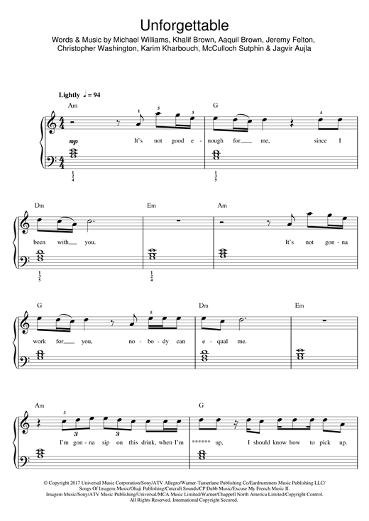 Download French Montana Unforgettable (feat. Swae Lee) Sheet Music and learn how to play Beginner Piano PDF digital score in minutes