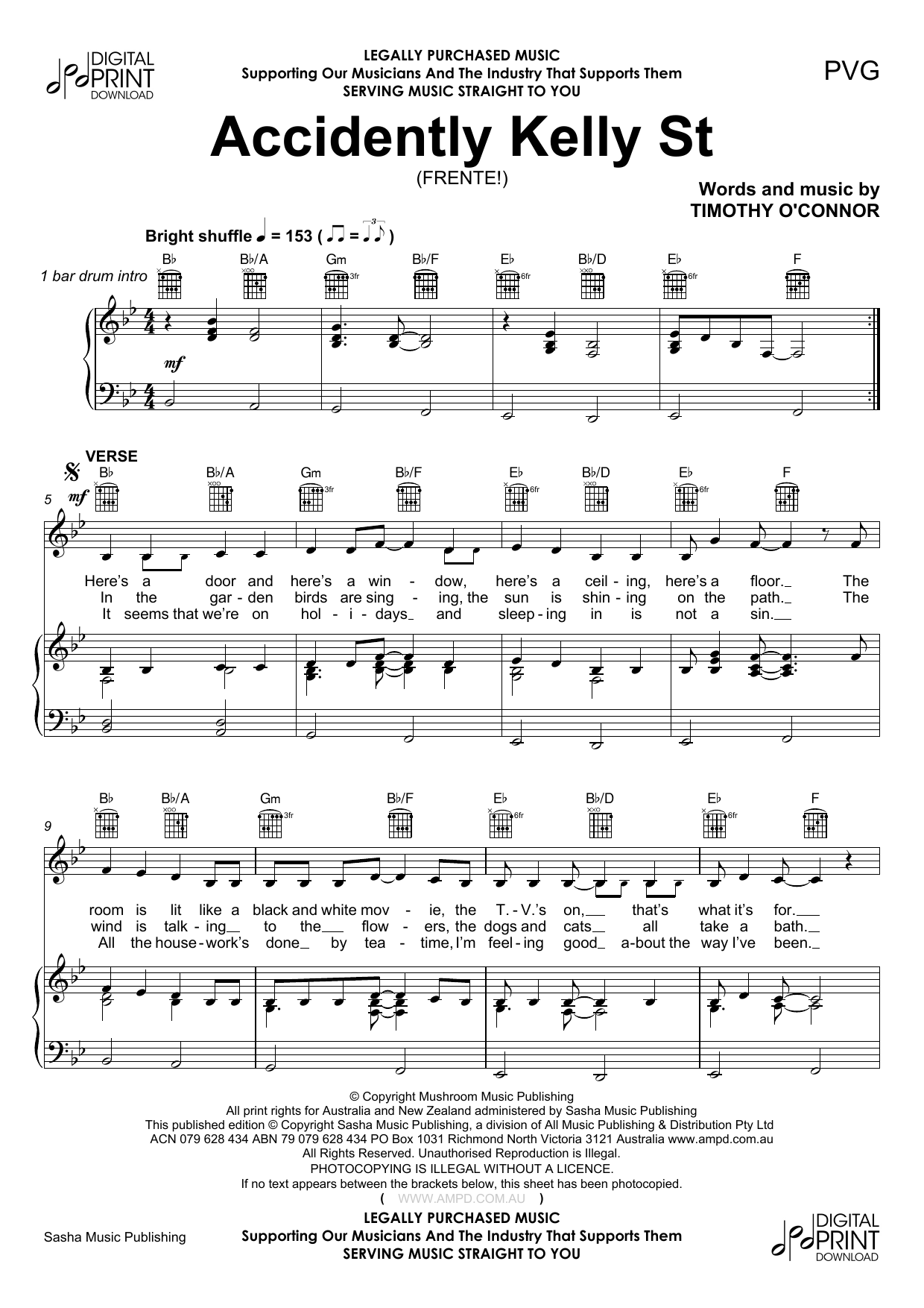 Download Frente Accidently Kelly St Sheet Music and learn how to play Piano, Vocal & Guitar (Right-Hand Melody) PDF digital score in minutes