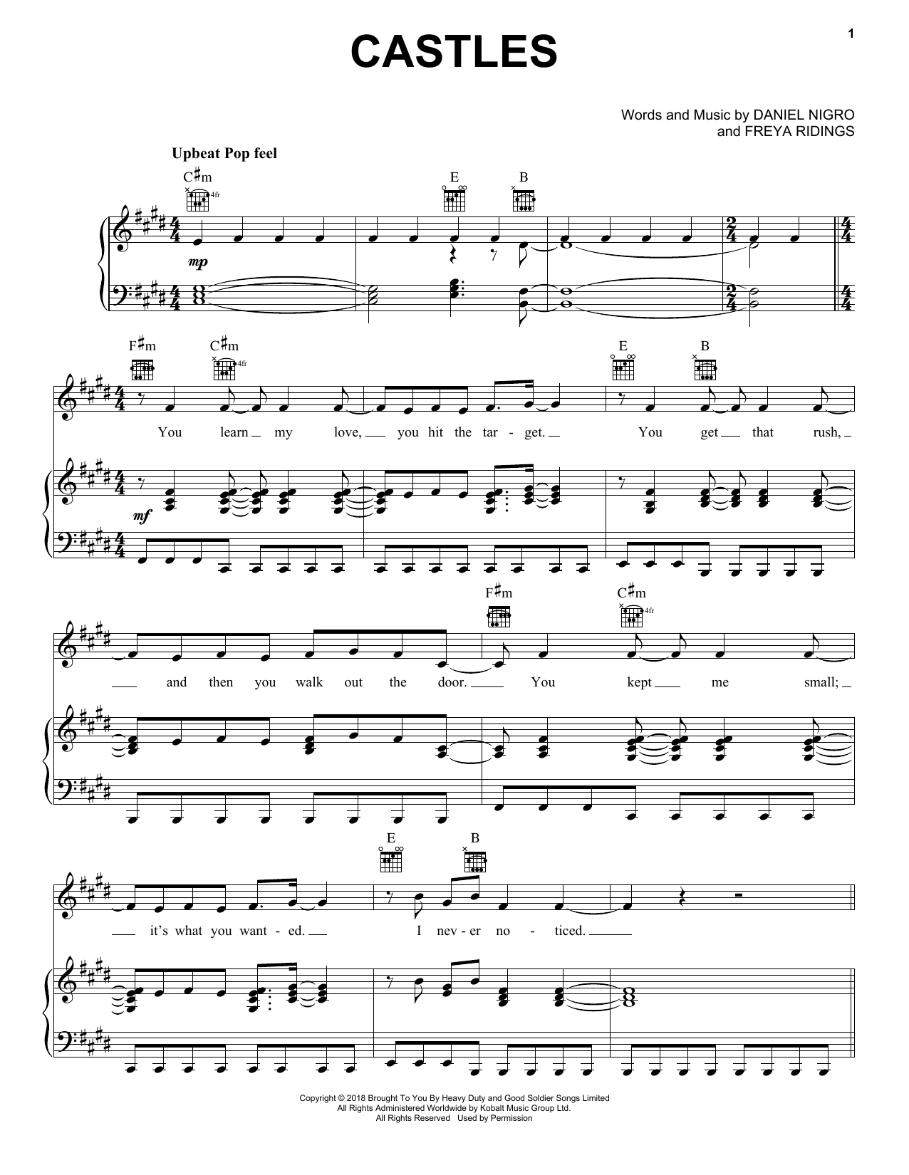 Download Freya Ridings Castles Sheet Music and learn how to play Piano, Vocal & Guitar Chords (Right-Hand Melody) PDF digital score in minutes