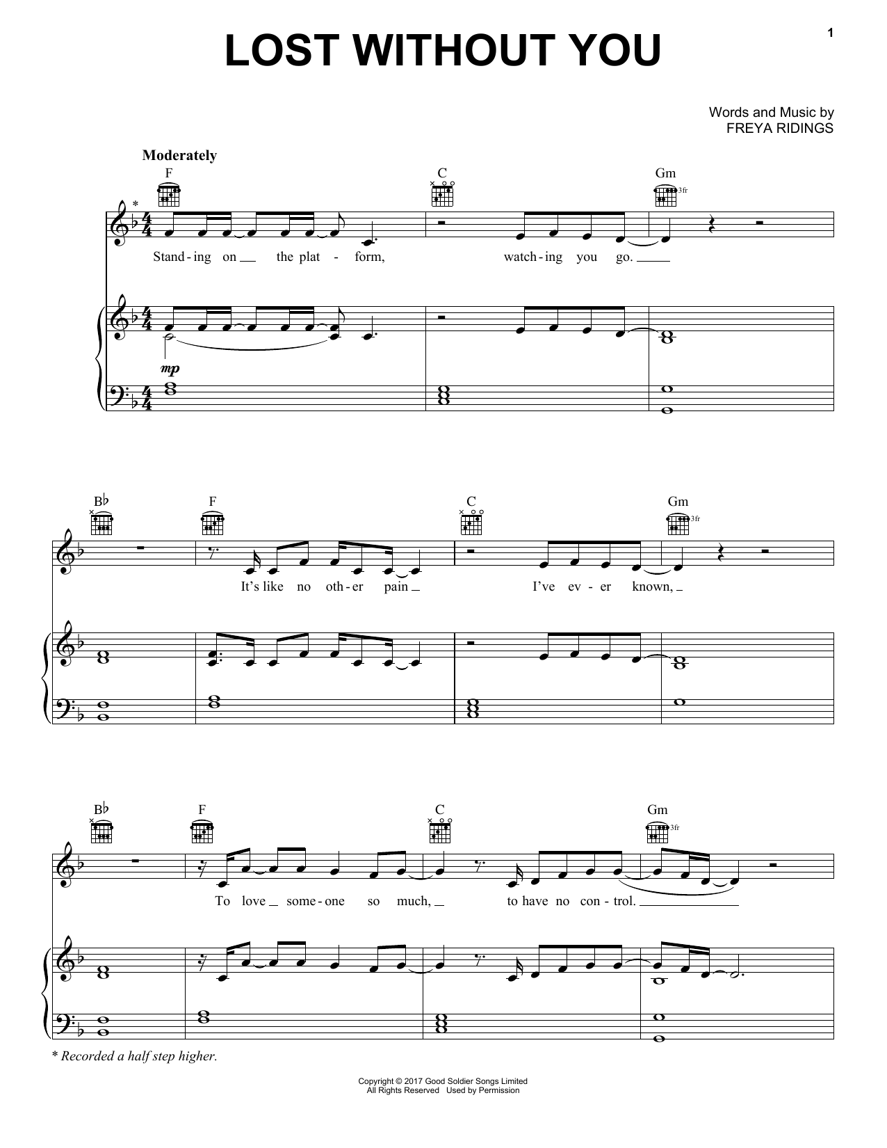 Download Freya Ridings Lost Without You Sheet Music and learn how to play Piano, Vocal & Guitar Chords (Right-Hand Melody) PDF digital score in minutes