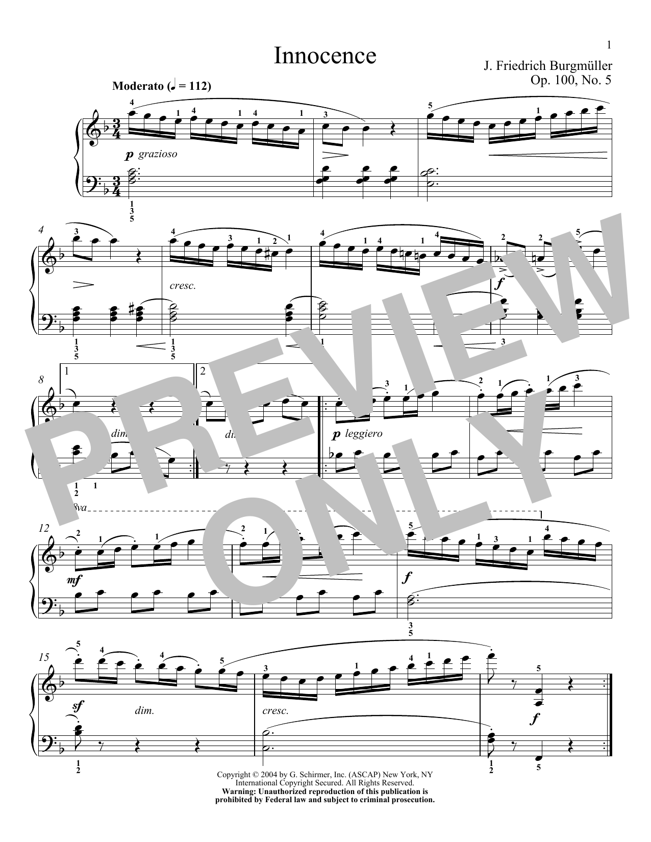 Download Friedrich Burgmuller Innocence, Op. 100, No. 5 Sheet Music and learn how to play Piano PDF digital score in minutes