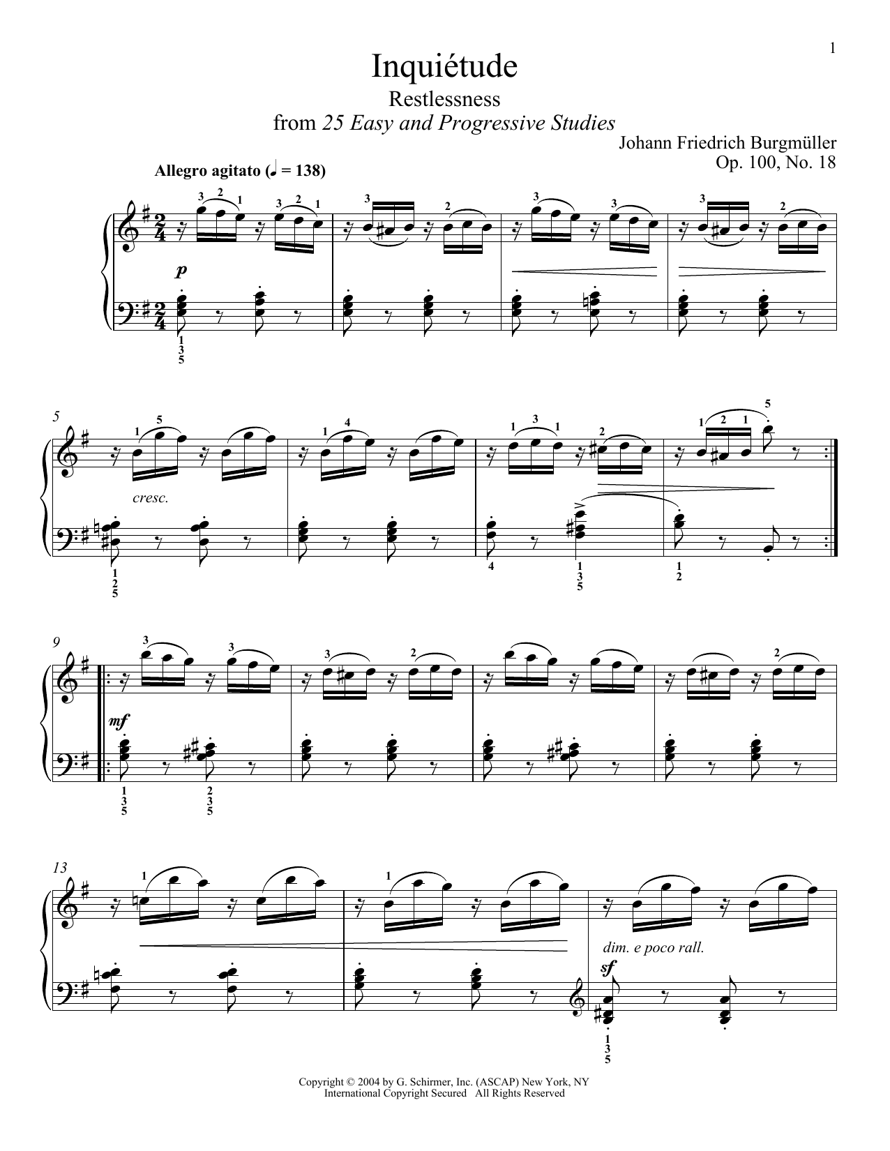 Download Friedrich Burgmuller Inquietude, Op. 100, No. 18 Sheet Music and learn how to play Piano PDF digital score in minutes