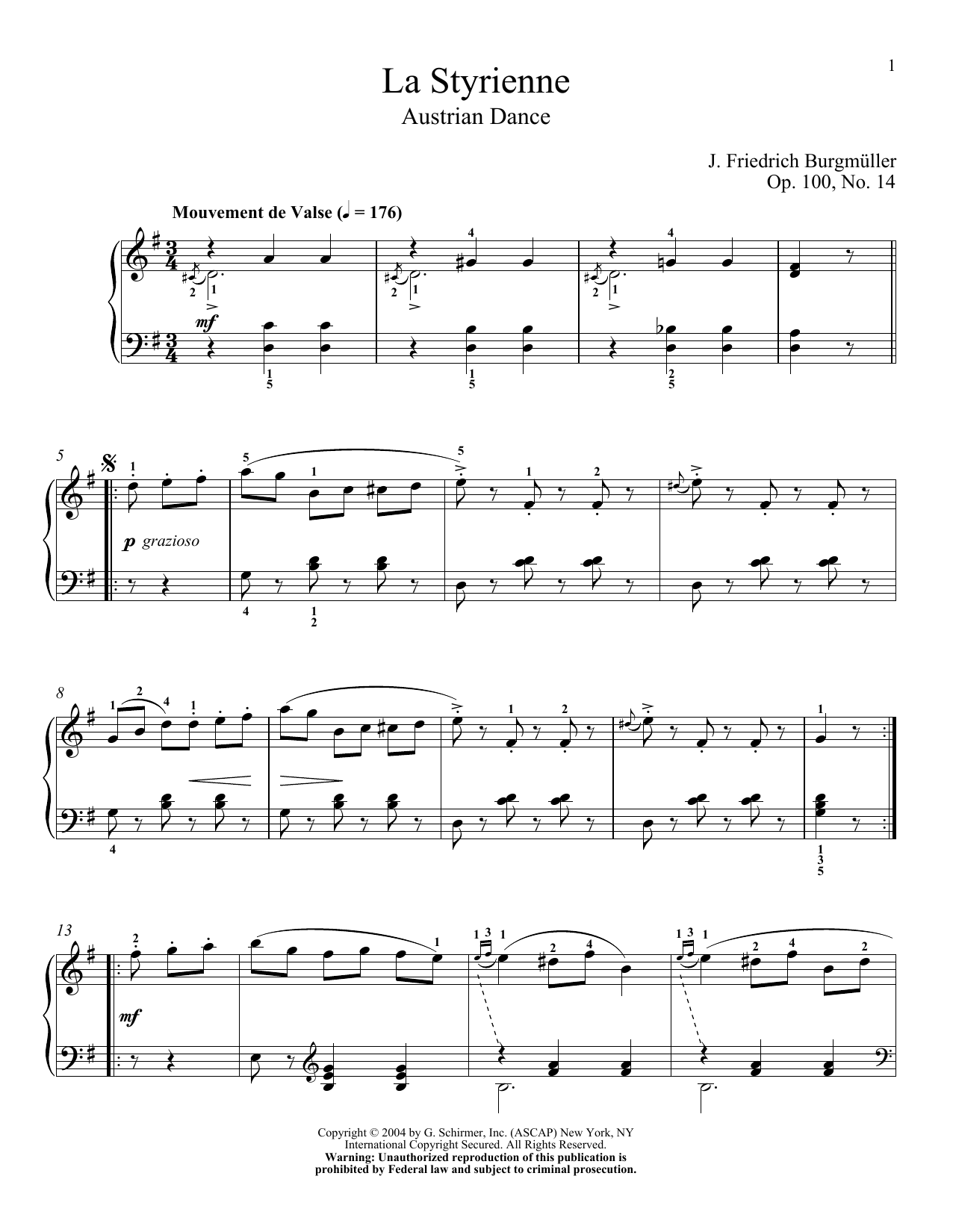 Download Friedrich Burgmuller La Styrienne, Op. 100, No. 14 Sheet Music and learn how to play Piano PDF digital score in minutes