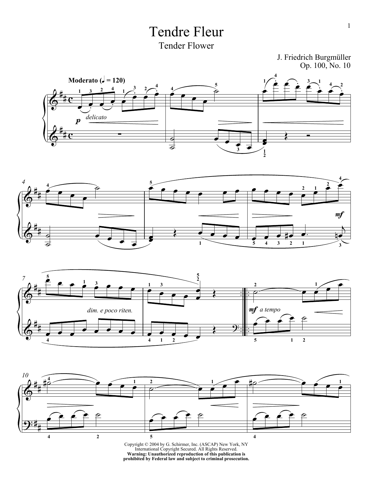 Download Friedrich Burgmuller Tender Blossom (Tender Fleur), Op. 100, No. 10 Sheet Music and learn how to play Piano PDF digital score in minutes