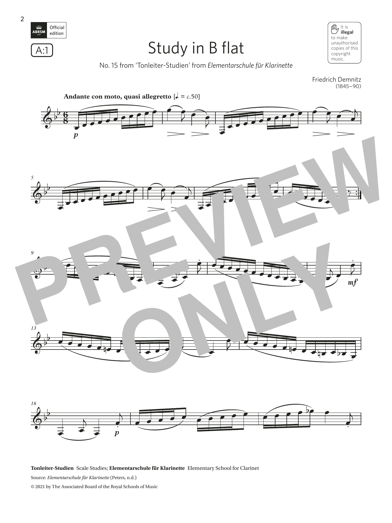 Download Friedrich Demnitz Study in B flat ('Tonleiter-Studien') (Grade 5 List A1 from the ABRSM Clarinet s Sheet Music and learn how to play Clarinet Solo PDF digital score in minutes