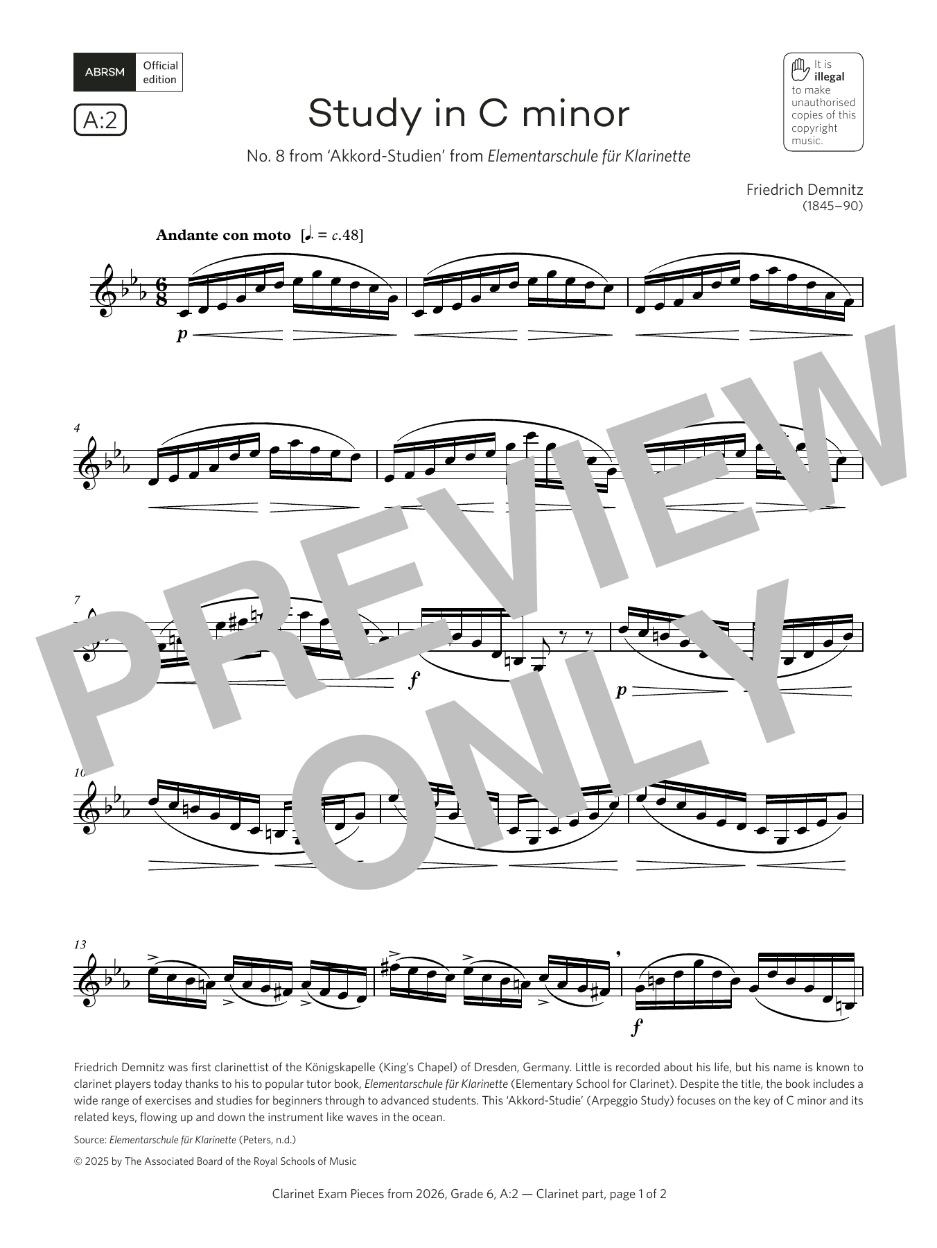 Download Friedrich Demnitz Study in C minor (Grade 6, list A2, from the ABRSM Clarinet Syllabus from 2026) Sheet Music and learn how to play Clarinet Solo PDF digital score in minutes