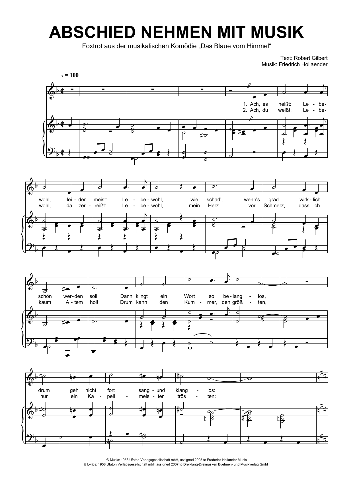 Download Friedrich Hollaender Abschiednehmen Mit Musik Sheet Music and learn how to play Piano & Vocal PDF digital score in minutes