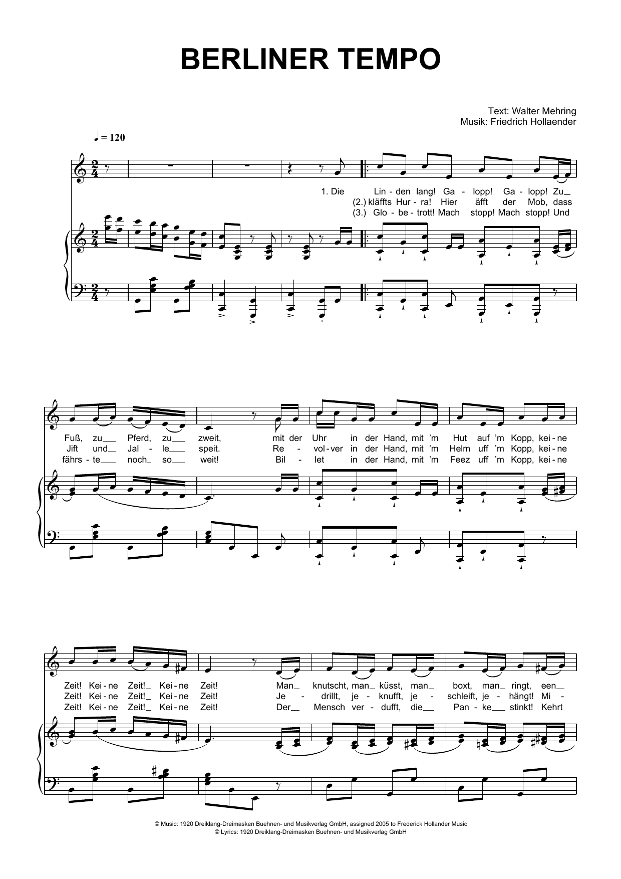 Download Friedrich Hollaender Berliner Tempo Sheet Music and learn how to play Piano & Vocal PDF digital score in minutes