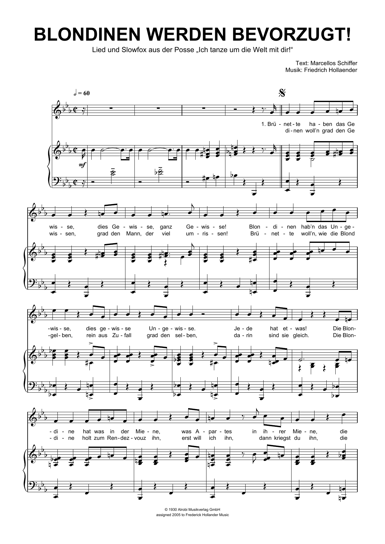 Download Friedrich Hollaender Blondinen Werden Bevorzugt! Sheet Music and learn how to play Piano & Vocal PDF digital score in minutes